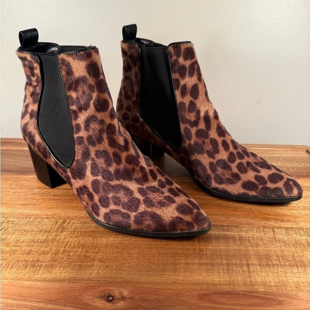 Nine West Taye Leopard Print Faux Pony-hair Chelsea Heeled Boot Size 8.5